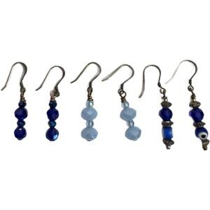 Vintage LOT of 3 Glass Blue Beaded Dangle Drop Earrings Sterling 925 Silver 7.4g